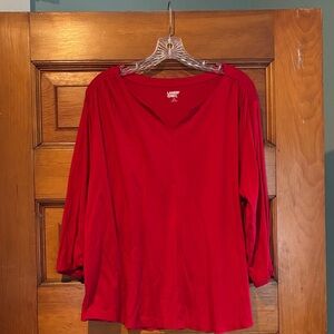 Lands End Bold Red V-Neck Long Sleeve Top